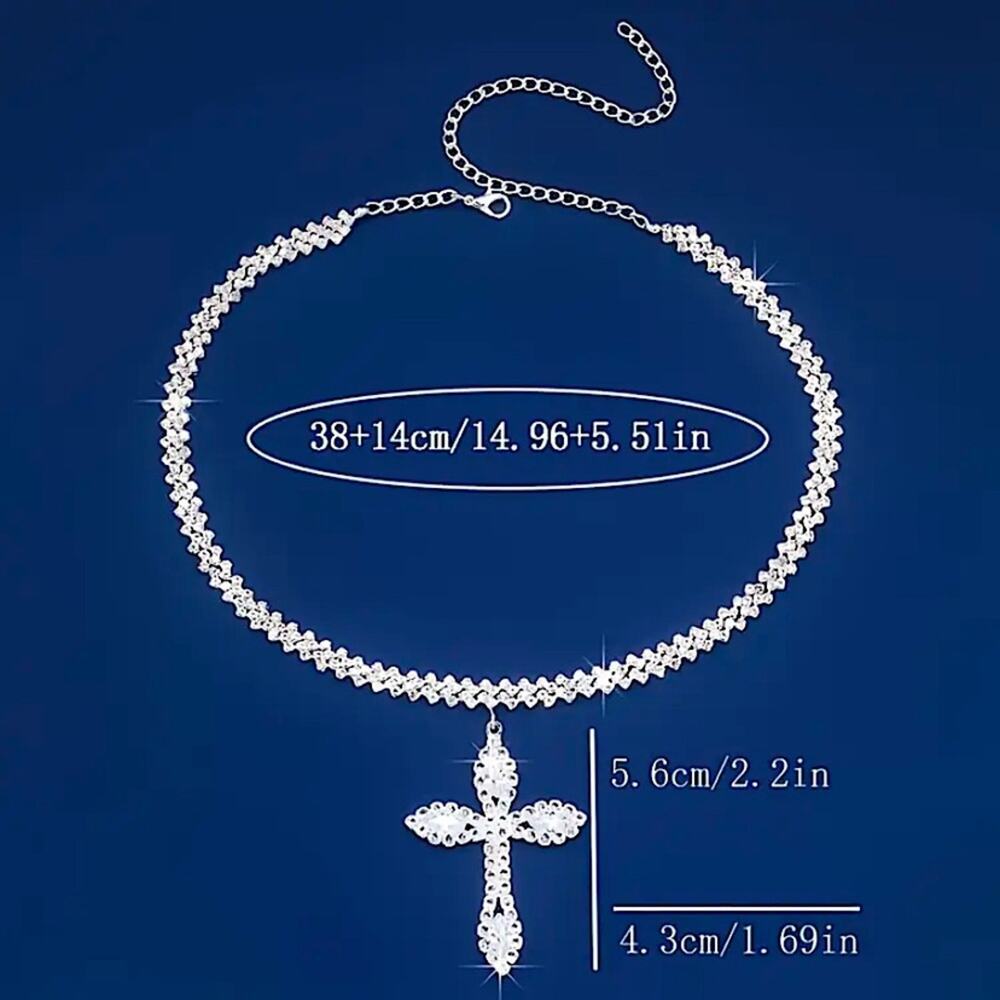 Silver Crystal Cross Choker Necklace Boho Tribal - Picture 5 of 5